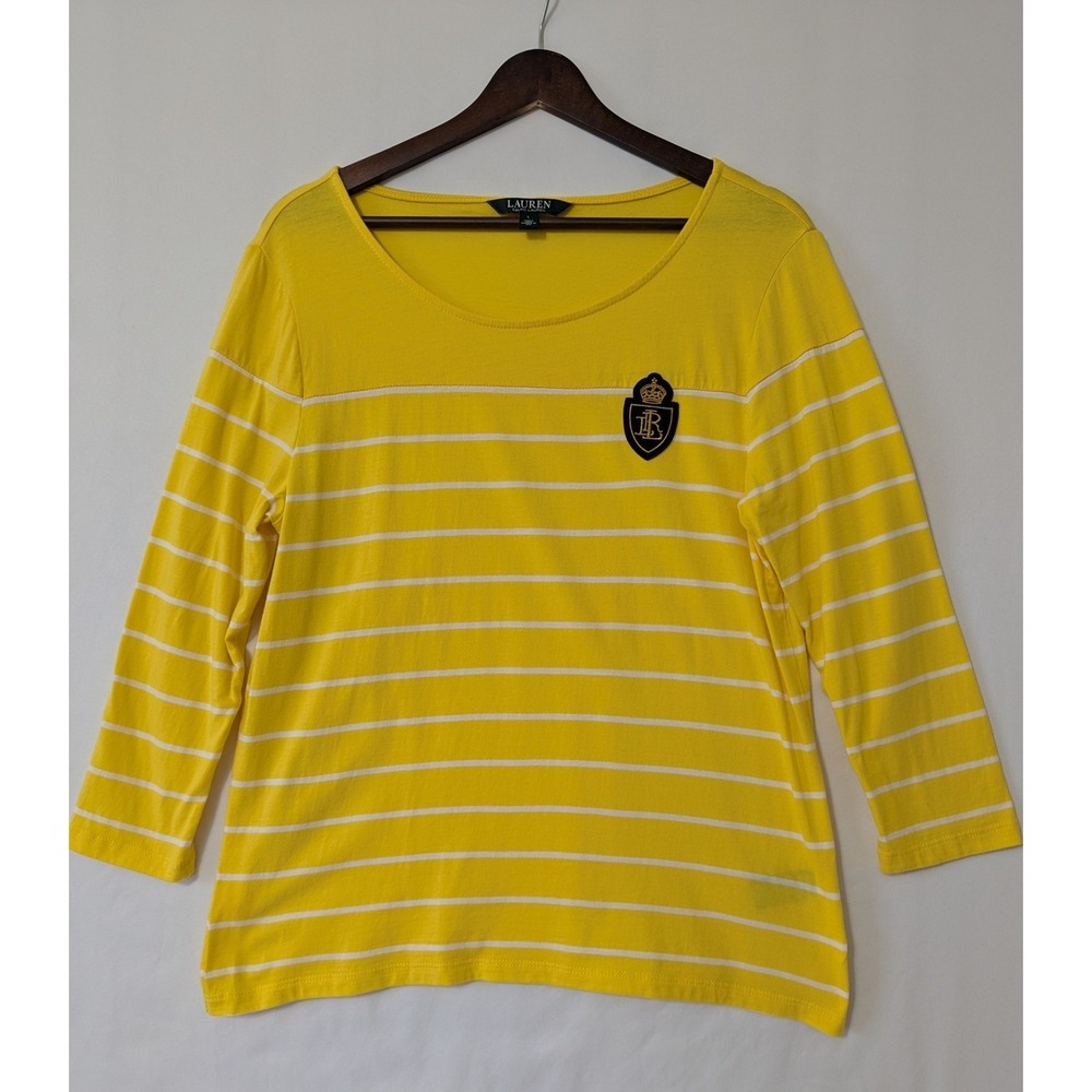 Lauren Ralph Lauren Womens Yellow White Striped Preppy Top with Crest Size L - Picture 3 of 10